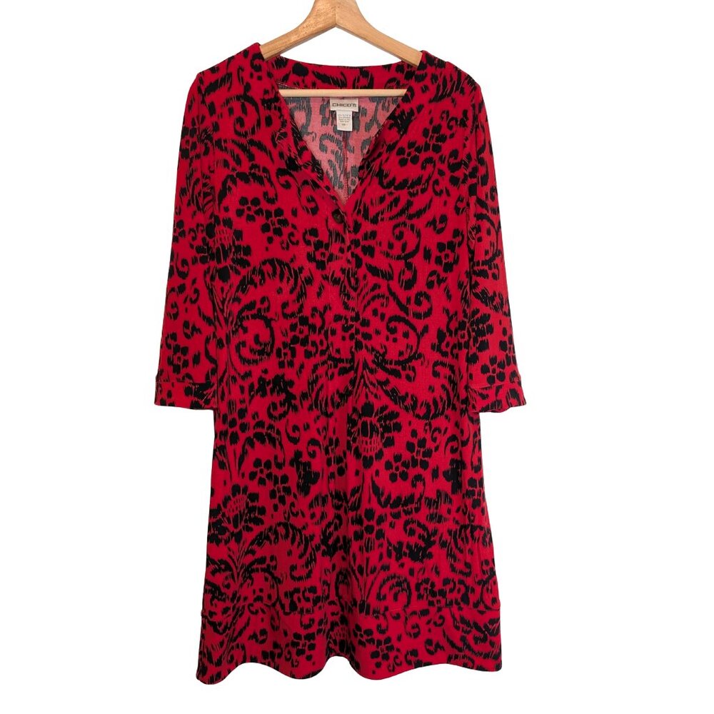 Chicos midi Dress medium Travelers Red Black Floral Stretch Knit